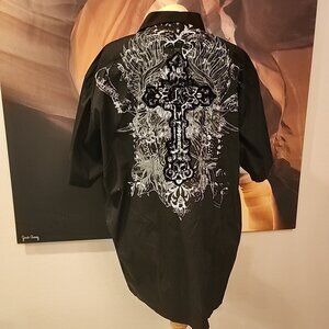 NWT Kani Gold Men's Black Graphic Cross Button Front Shirt 4X Short Sleeve